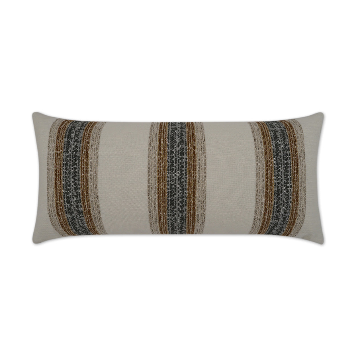 Long rectangular beige bolster pillow with woven vertical stripes in brown, blue and black.