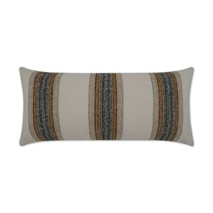 Long rectangular beige bolster pillow with woven vertical stripes in brown, blue and black.