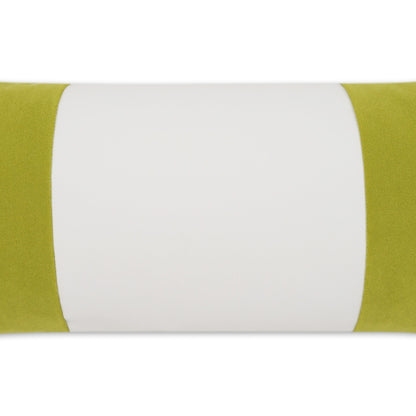 12" x 24" outdoor lumbar pillow with white center panel and lime green edges, featuring a leaf band ribbon pattern.