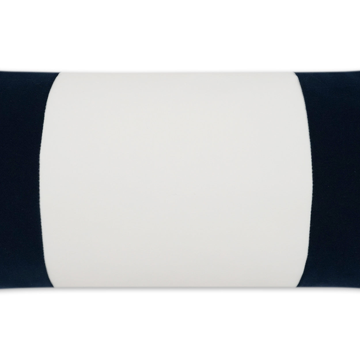 White central fabric with navy blue edges on a spool, bold color-block textile for upholstery or crafts.