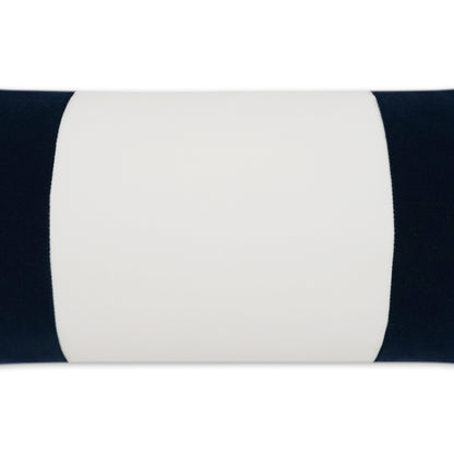 White central fabric with navy blue edges on a spool, bold color-block textile for upholstery or crafts.