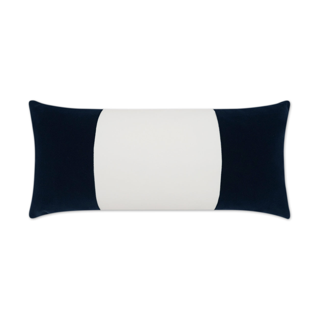 Rectangular throw pillow with navy blue side panels and a white center panel.