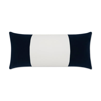 Rectangular throw pillow with navy blue side panels and a white center panel.