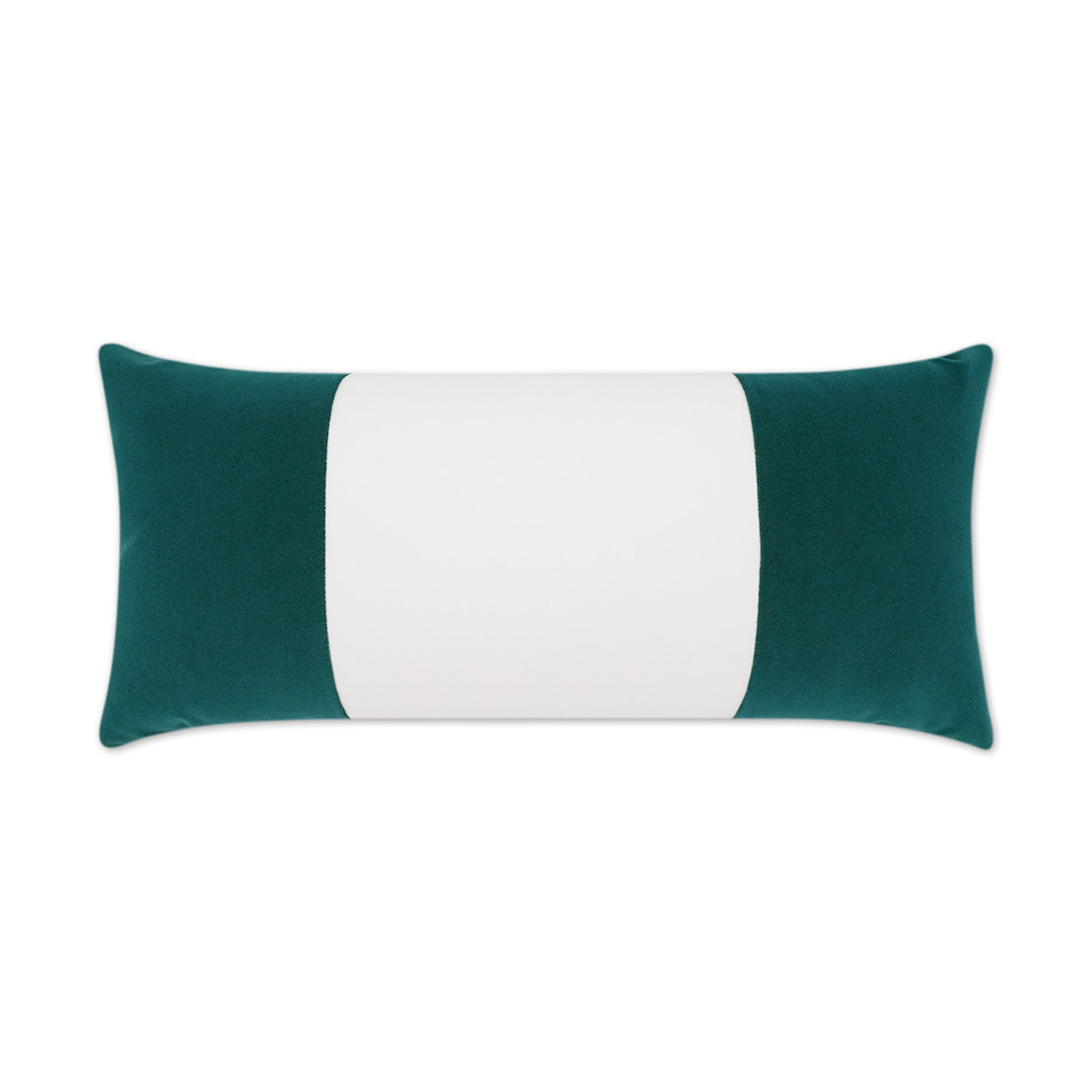 Teal and white rectangular lumbar pillow with a white central panel and teal side panels.