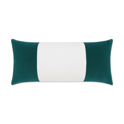 Teal and white rectangular lumbar pillow with a white central panel and teal side panels.