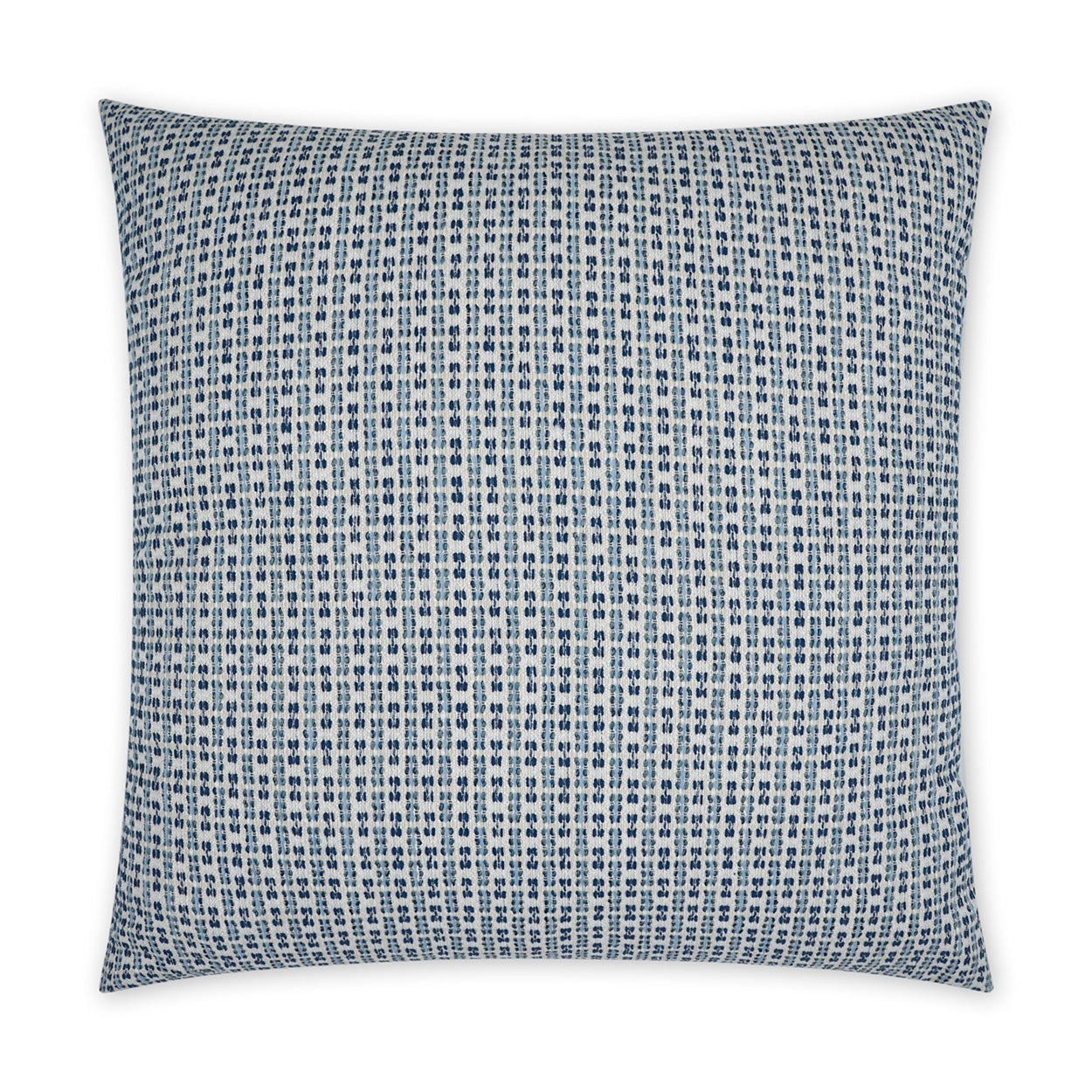 Square outdoor pillow with blue and cream stripes; woven cushion for outdoor use, 22 x 22 inches.