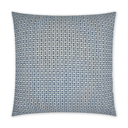 Square outdoor pillow with blue and cream stripes; woven cushion for outdoor use, 22 x 22 inches.