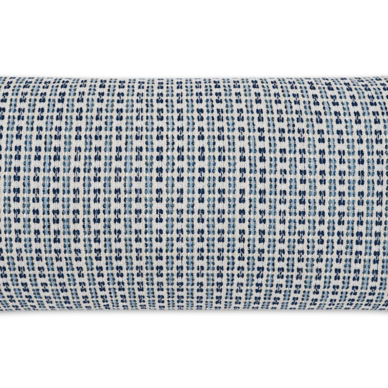 Blue and white striped outdoor lumbar pillow, 12" x 24", for patio or garden decor.