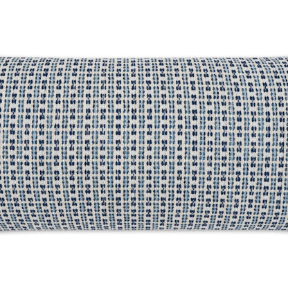 Blue and white striped outdoor lumbar pillow, 12" x 24", for patio or garden decor.