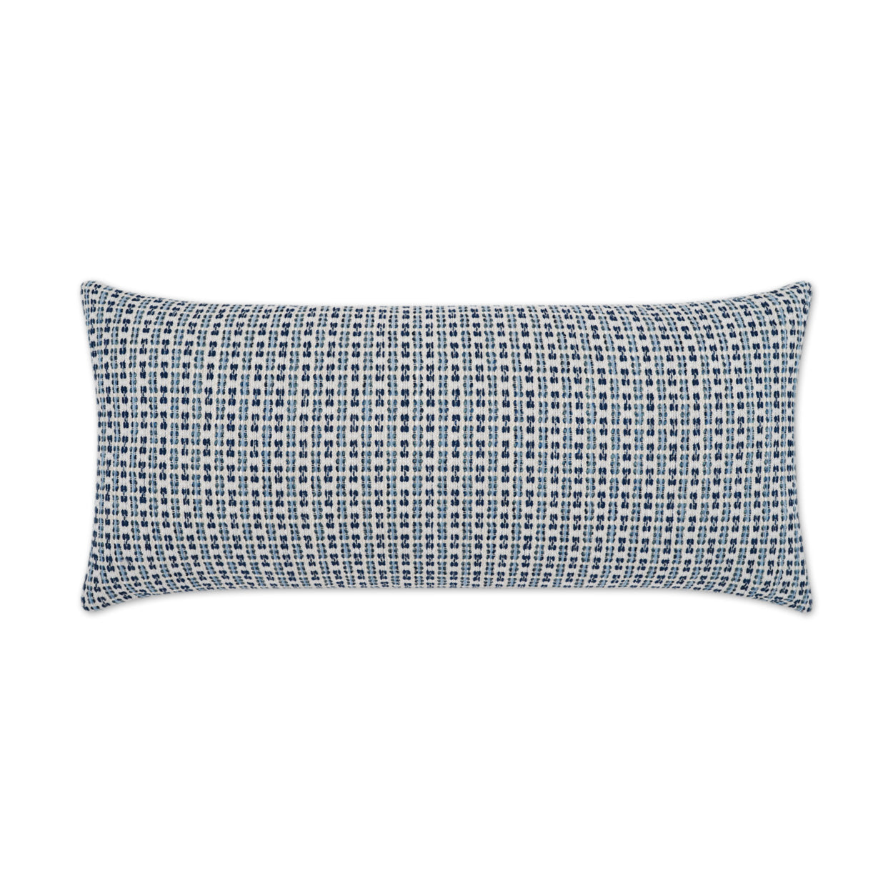 Rectangular outdoor lumbar pillow in blue and white stripes, coastal/global farmhouse style.