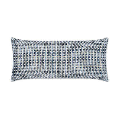 Rectangular outdoor lumbar pillow in blue and white stripes, coastal/global farmhouse style.