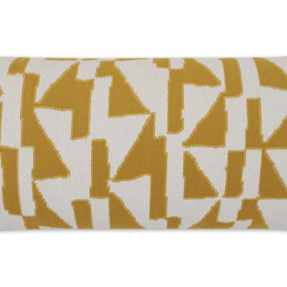 12" x 24" outdoor lumbar pillow with mustard yellow and white geometric triangle pattern.