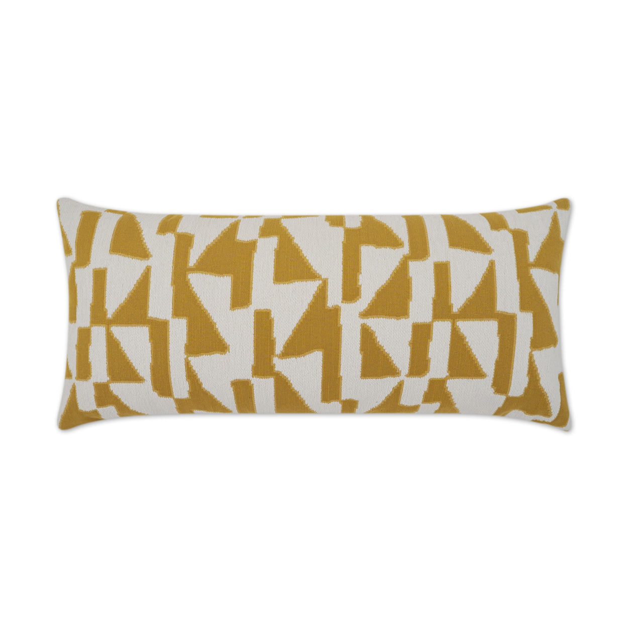 Rectangular lumbar pillow featuring a mustard yellow geometric pattern on white fabric.