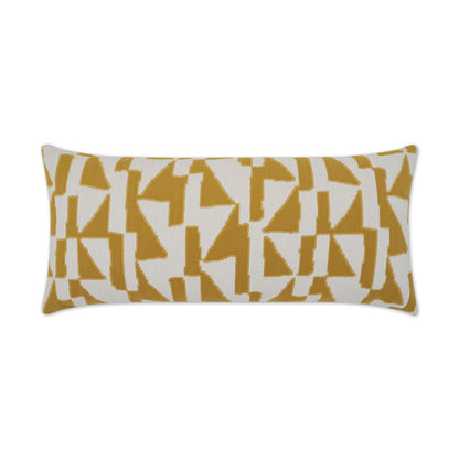 Rectangular lumbar pillow featuring a mustard yellow geometric pattern on white fabric.