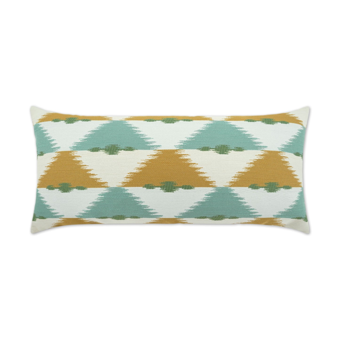 Rectangular decorative pillow with teal, mustard and cream triangular ikat pattern.