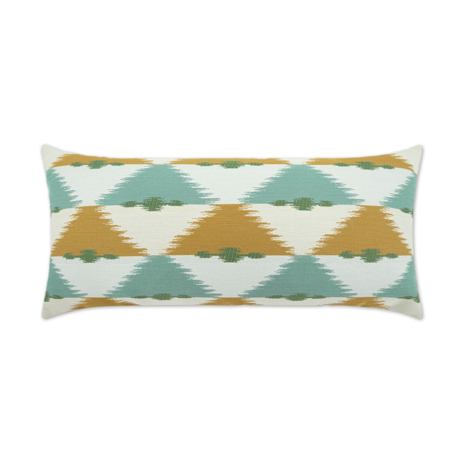Rectangular decorative pillow with teal, mustard and cream triangular ikat pattern.