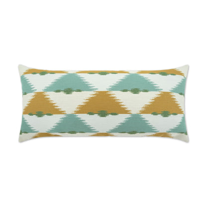 Rectangular decorative pillow with teal, mustard and cream triangular ikat pattern.