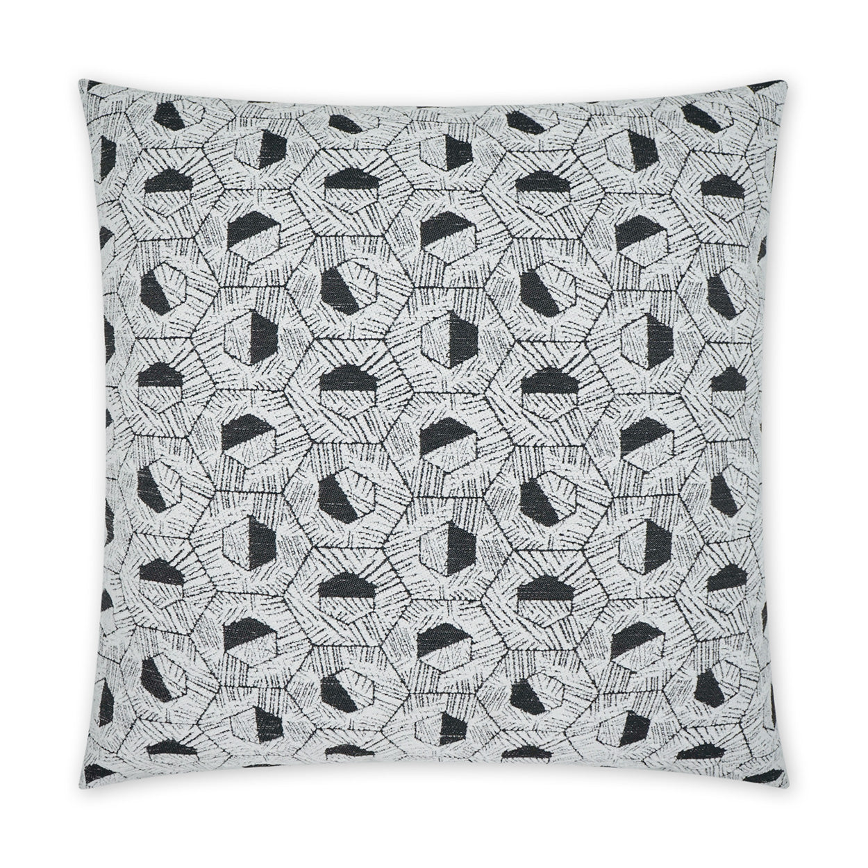 Square gray pillow cover with repeating black geometric hexagon-like shapes and sketchy lines; modern sofa cushion.