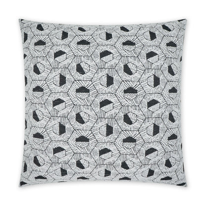 Square gray pillow cover with repeating black geometric hexagon-like shapes and sketchy lines; modern sofa cushion.