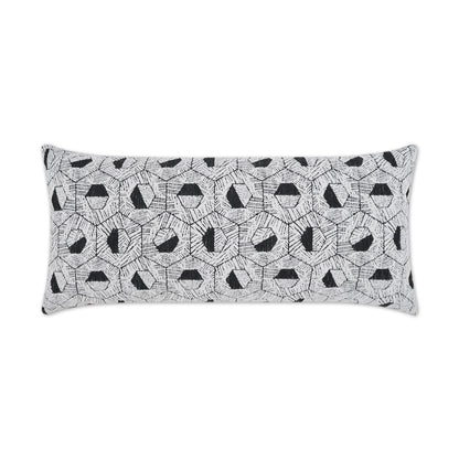 Rectangular outdoor lumbar pillow in grey textured fabric with a repeating black geometric circular pattern for modern outdoor decor.