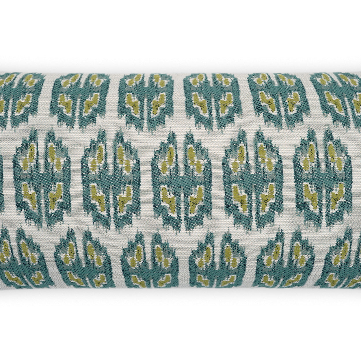 Outdoor Juglan lumbar pillow with teal and mustard geometric leaf pattern, 12" x 24