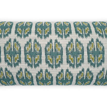 Outdoor Juglan lumbar pillow with teal and mustard geometric leaf pattern, 12" x 24