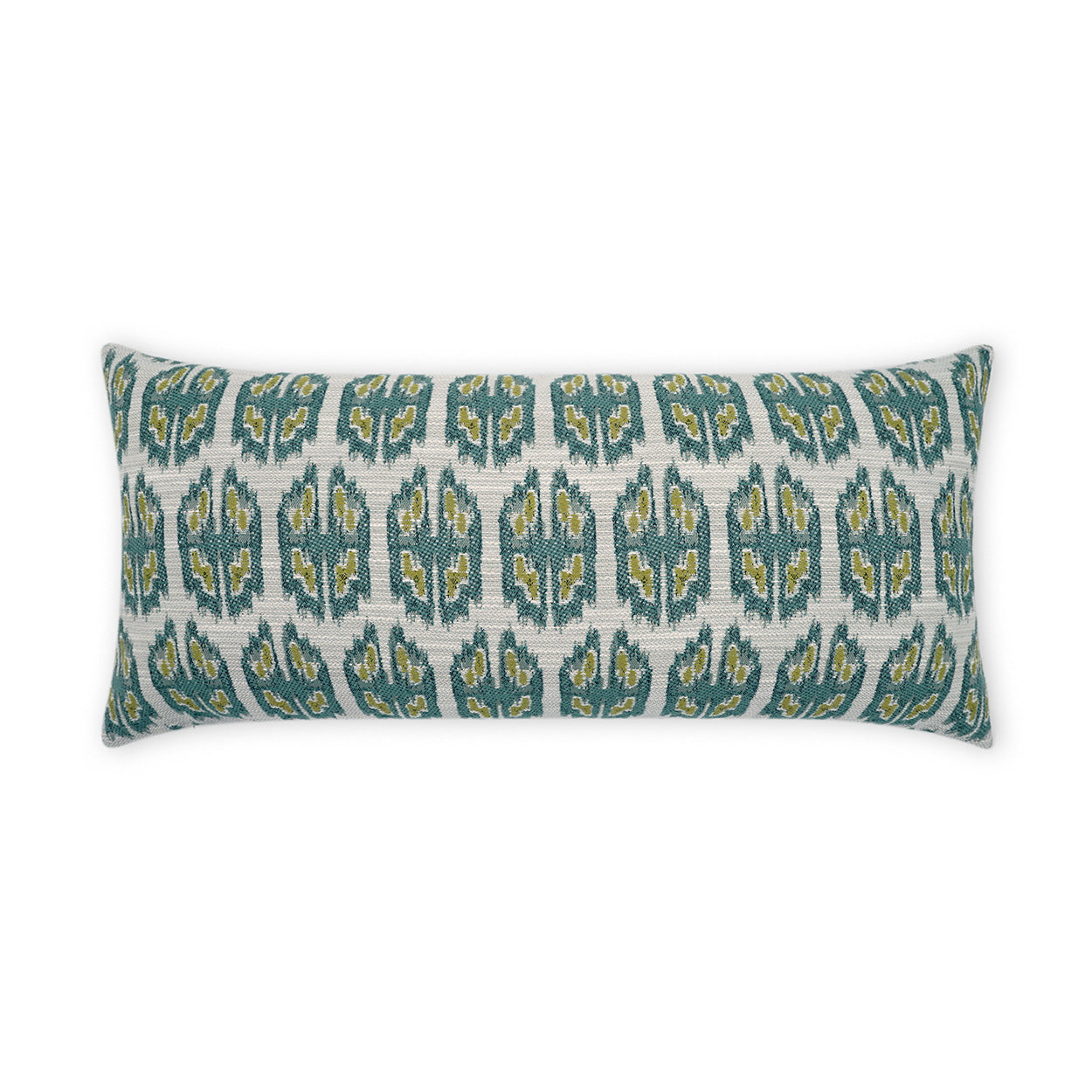 Long rectangular decorative pillow with teal, blue, and yellow ikat pattern on a light gray woven background.