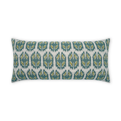 Long rectangular decorative pillow with teal, blue, and yellow ikat pattern on a light gray woven background.