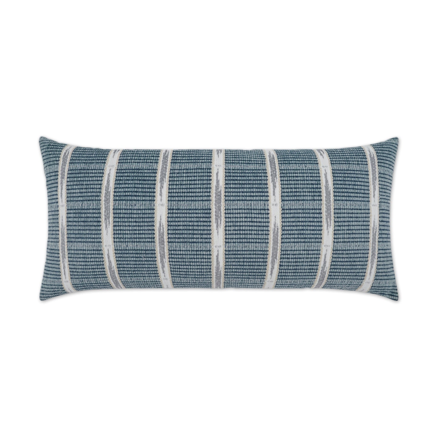 Blue woven lumbar pillow with cream vertical stripes; nautical-style decorative sofa cushion.