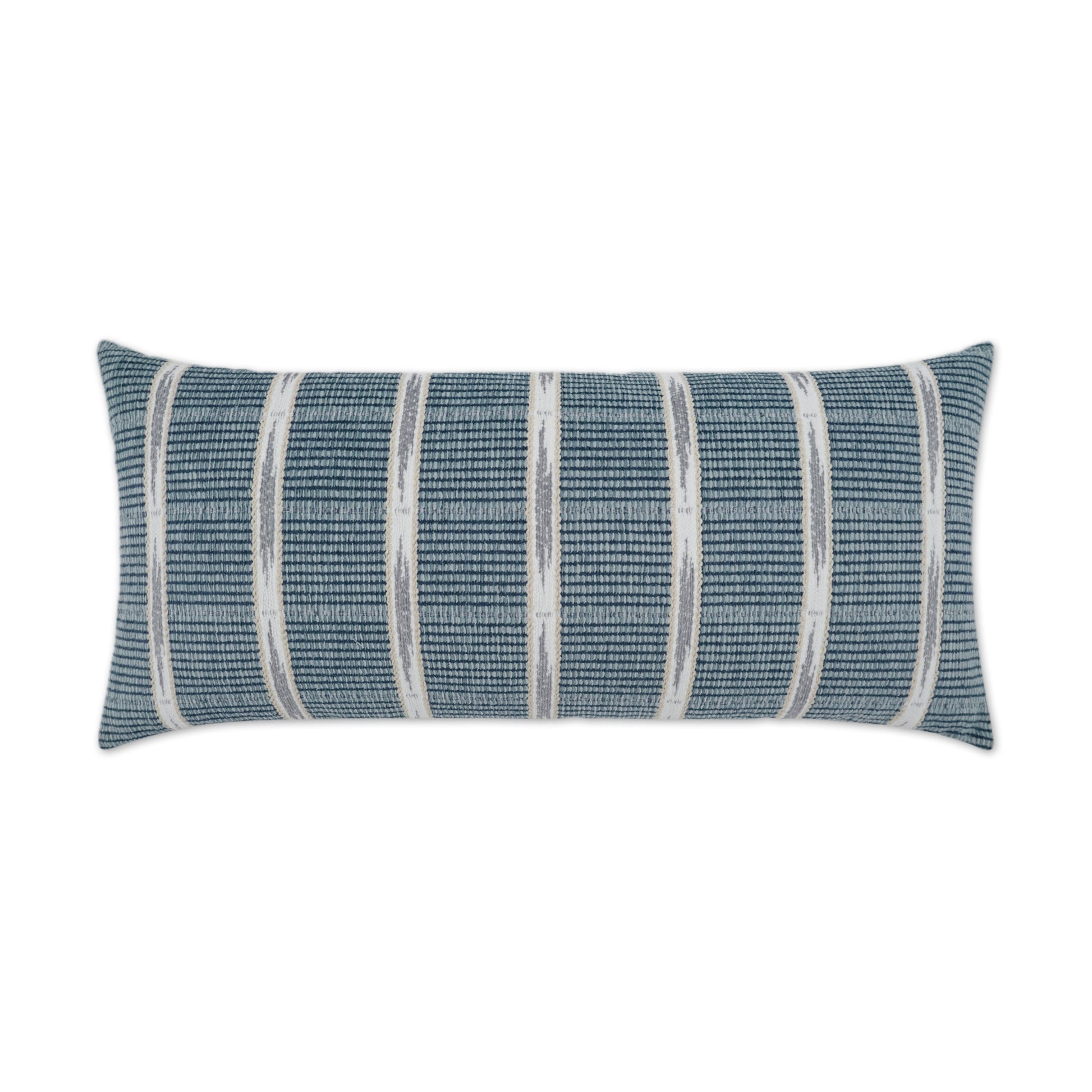 Blue woven lumbar pillow with cream vertical stripes; nautical-style decorative sofa cushion.