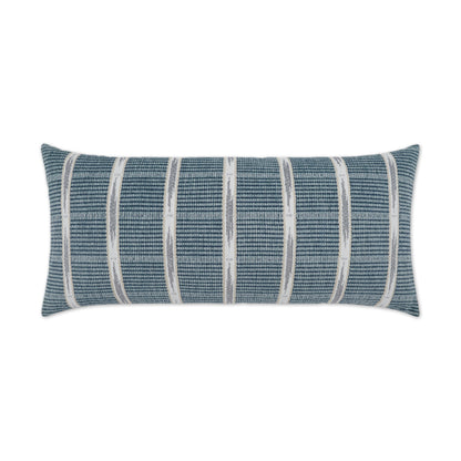 Blue woven lumbar pillow with cream vertical stripes; nautical-style decorative sofa cushion.