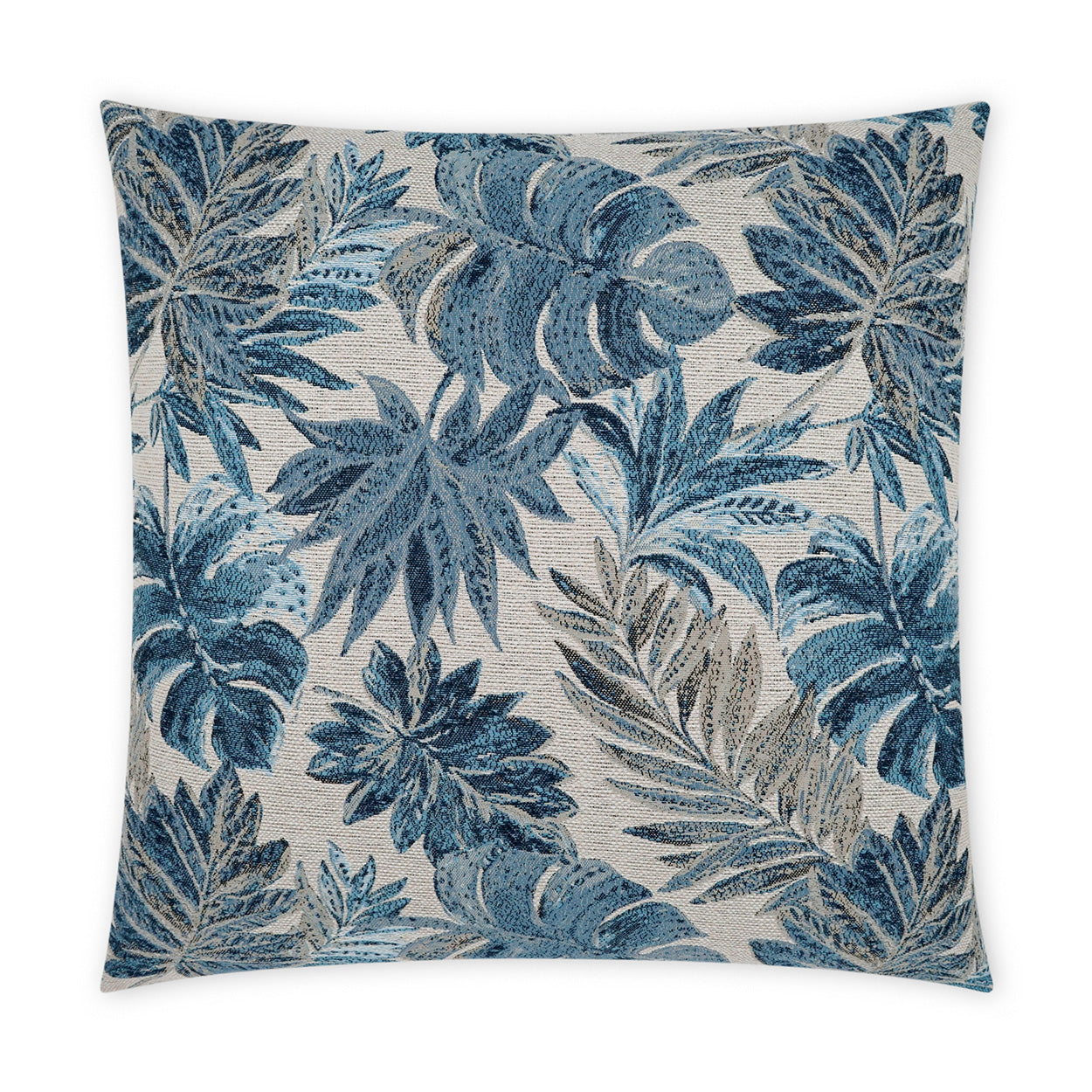 Square outdoor pillow with blue floral print on beige textured fabric.