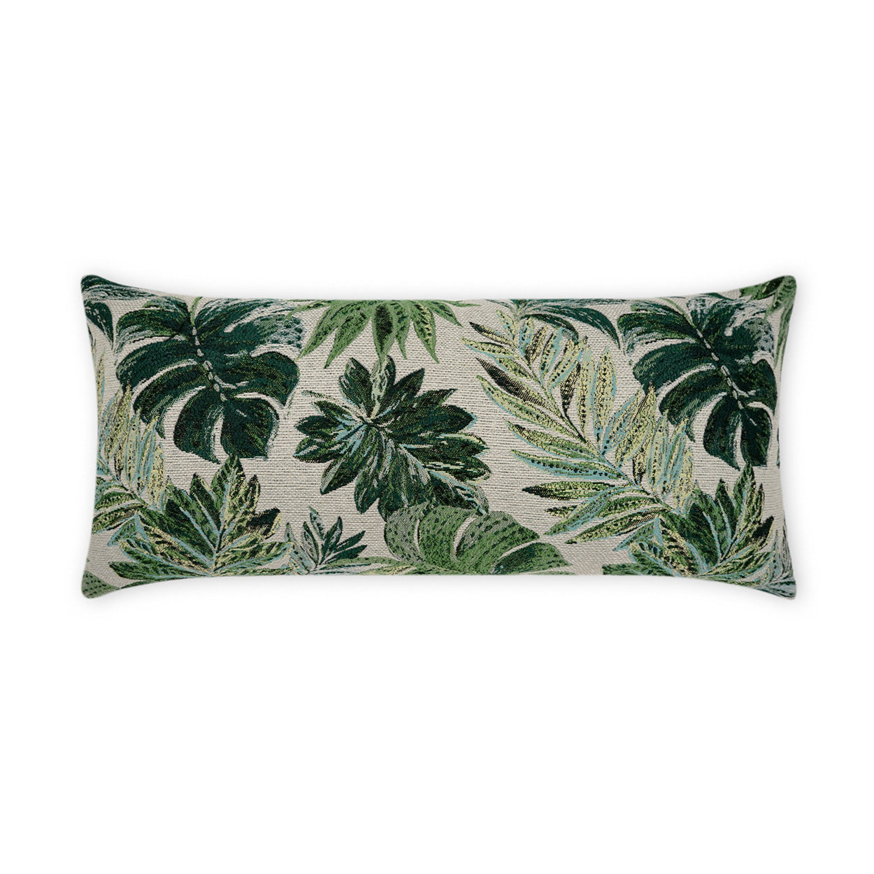 Rectangular outdoor lumbar pillow with dark and light green foliage on beige textured fabric.