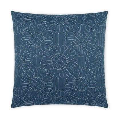 Blue denim outdoor 22" x 22" throw pillow with a repeating light-gray embroidered floral pattern.