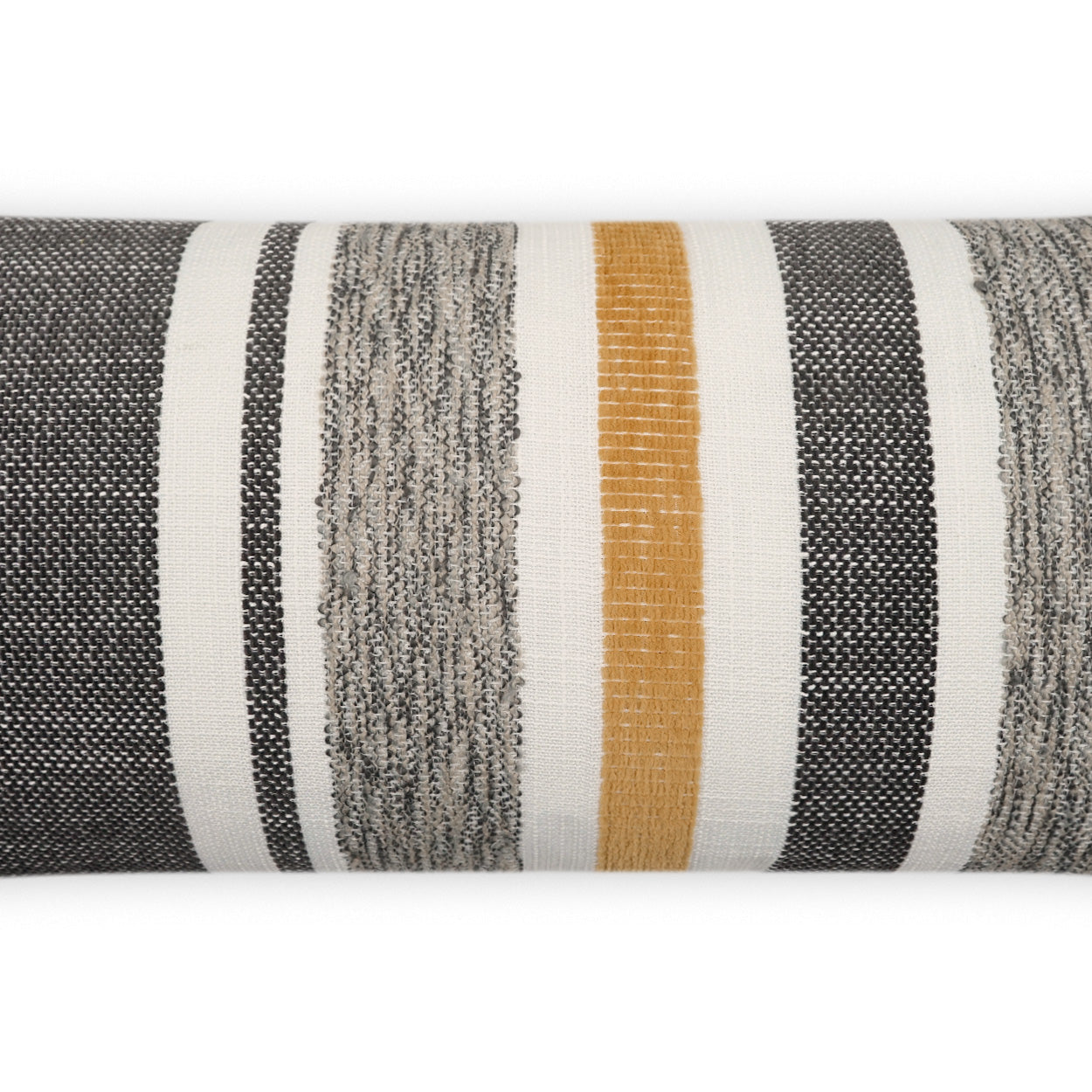Rolled striped woven fabric with grey, black, white bands & a mustard yellow stripe; decorative upholstery textile.