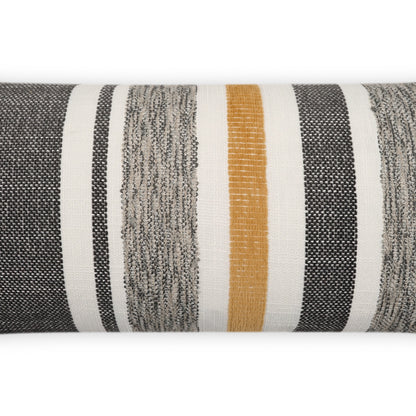 Rolled striped woven fabric with grey, black, white bands & a mustard yellow stripe; decorative upholstery textile.