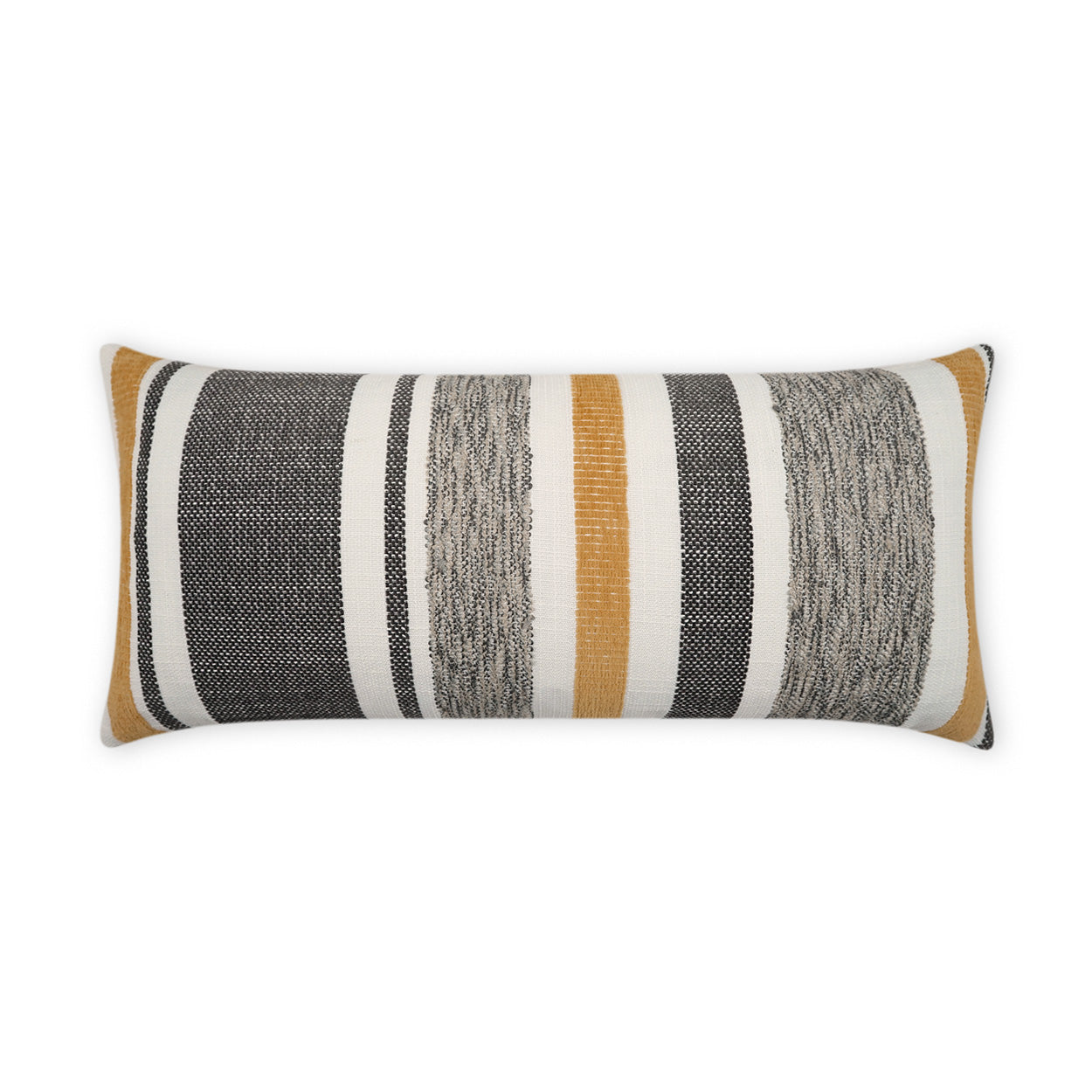 Rectangular lumbar throw pillow with a woven striped pattern in black, grey, white & mustard yellow.