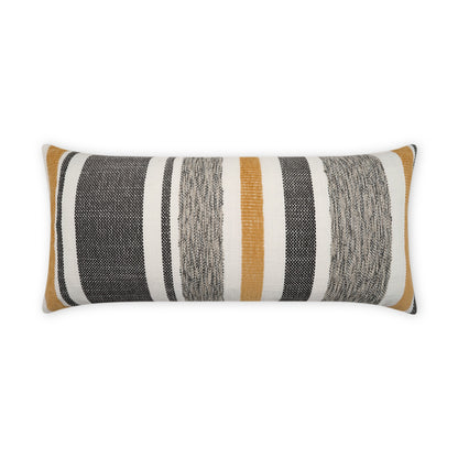 Rectangular lumbar throw pillow with a woven striped pattern in black, grey, white & mustard yellow.