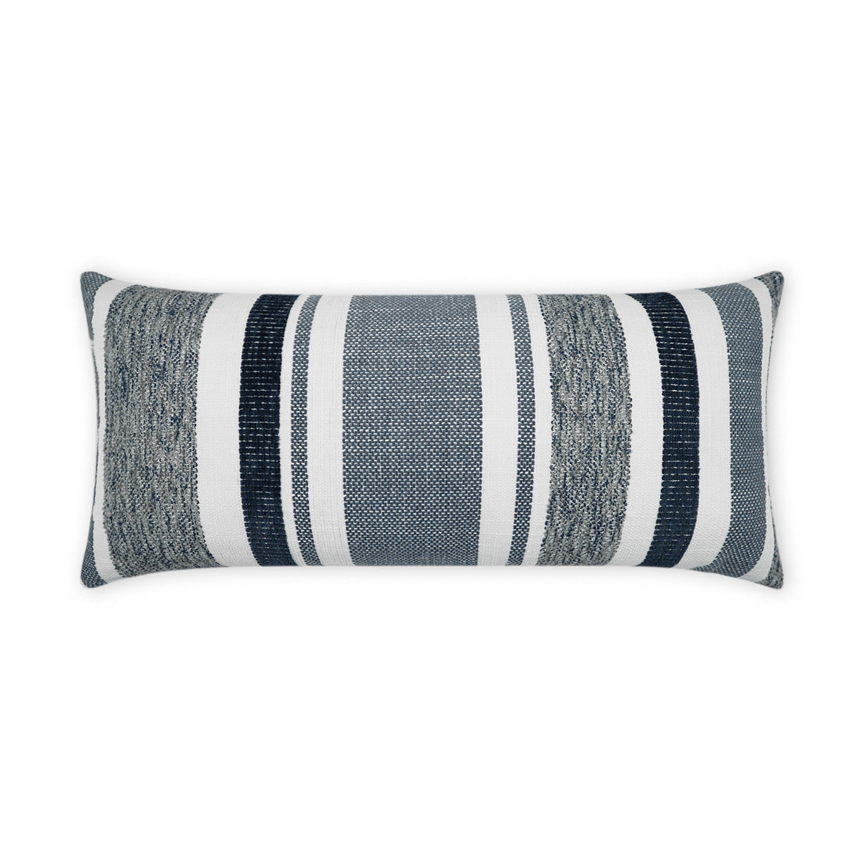Outdoor rectangular lumbar pillow with indigo striped woven pattern; decorative cushion for outdoor seating.