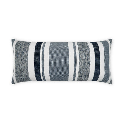 Outdoor rectangular lumbar pillow with indigo striped woven pattern; decorative cushion for outdoor seating.