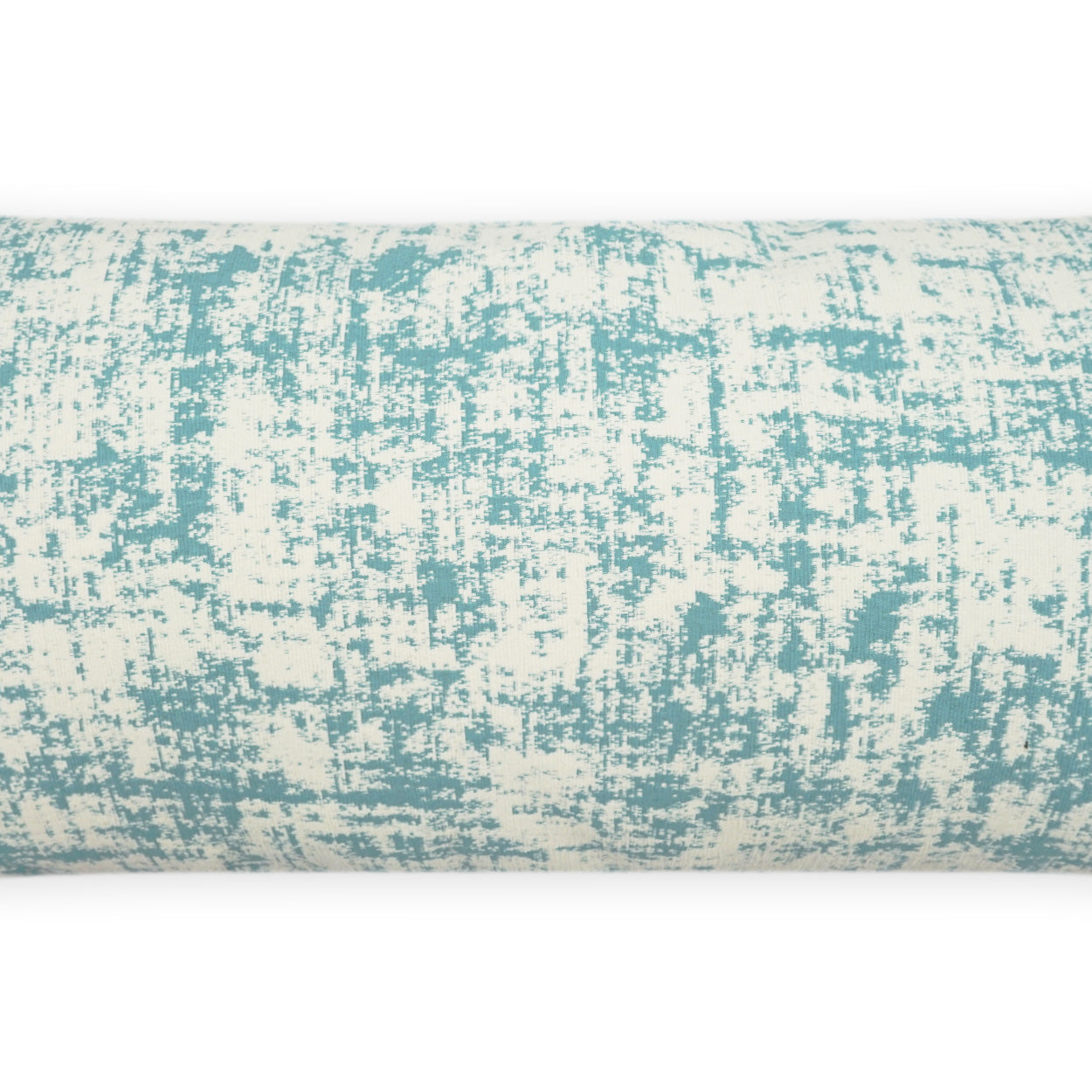 Aqua teal and cream textured outdoor lumbar pillow with an abstract pattern.