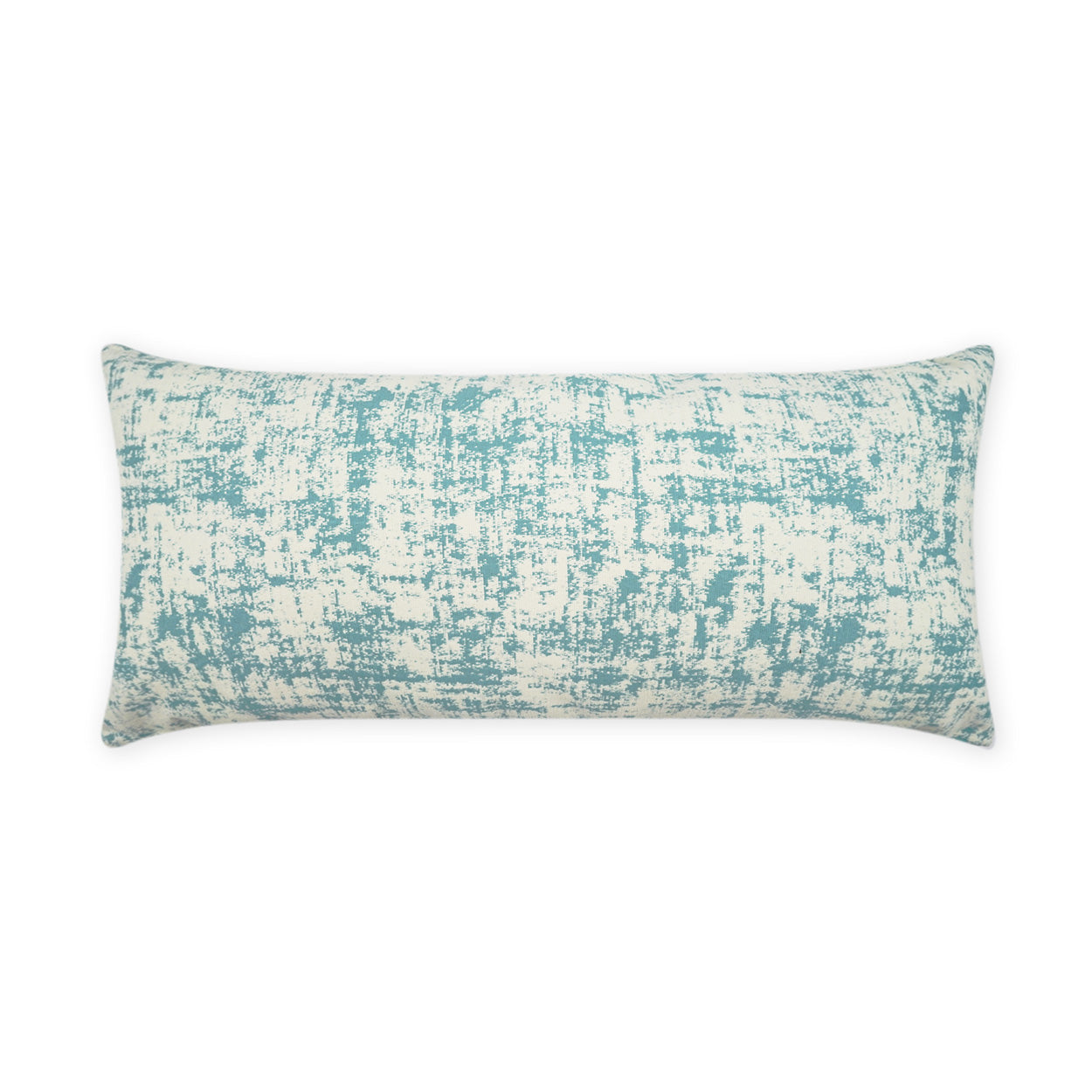 Rectangular lumbar throw pillow in teal and ivory with a distressed, abstract pattern on linen-like fabric.
