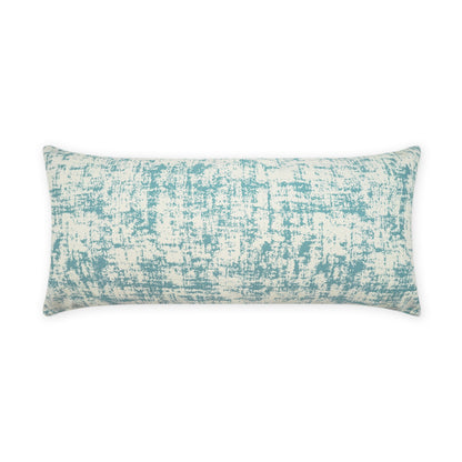 Rectangular lumbar throw pillow in teal and ivory with a distressed, abstract pattern on linen-like fabric.
