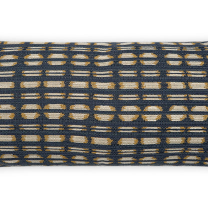 Close-up of navy blue and beige woven fabric with a geometric lattice pattern; a textured upholstery textile.