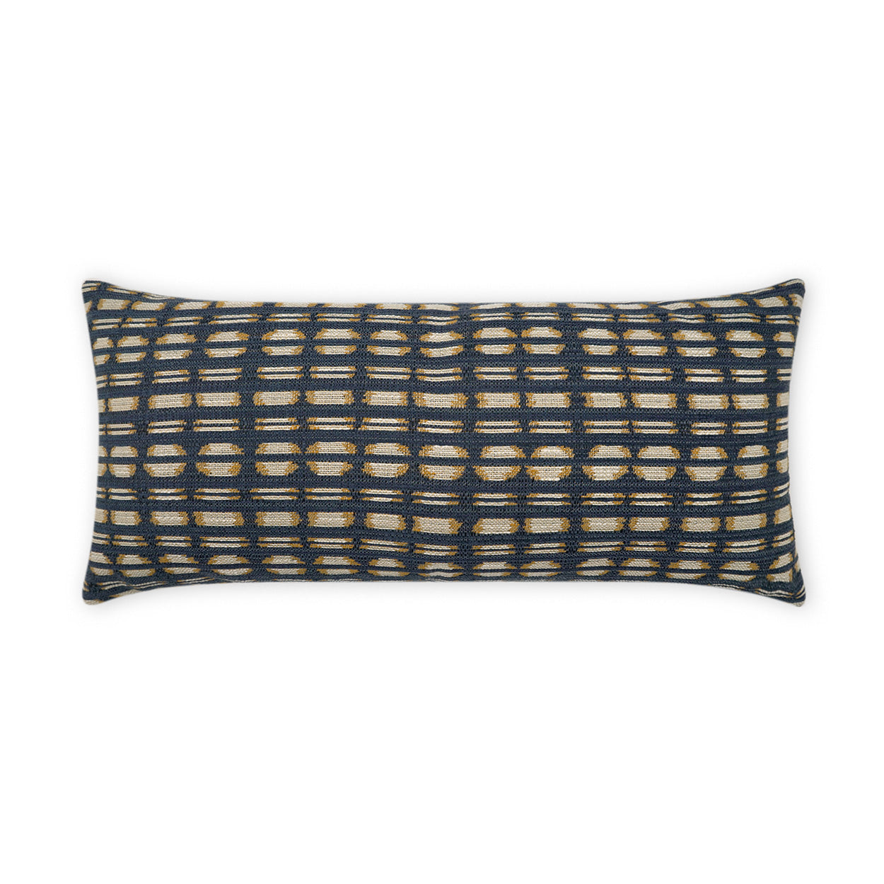 Navy blue rectangular lumbar pillow with a tan oval-and-line geometric grid pattern.