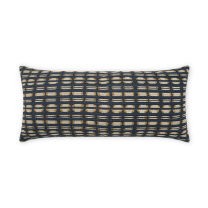 Navy blue rectangular lumbar pillow with a tan oval-and-line geometric grid pattern.