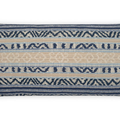 Blue & beige woven outdoor lumbar pillow with geometric stripe pattern.