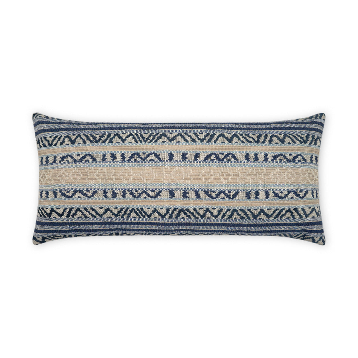 Rectangular woven throw pillow in navy and cream with geometric stripe pattern.