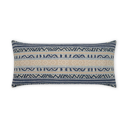 Rectangular woven throw pillow in navy and cream with geometric stripe pattern.