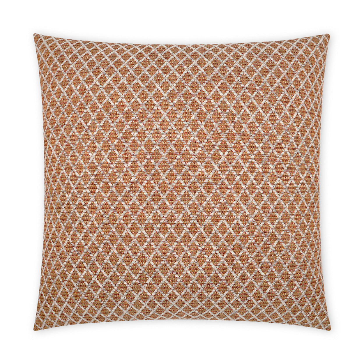 Orange lattice-pattern outdoor pillow with white diamonds; woven fabric, 22" x 22